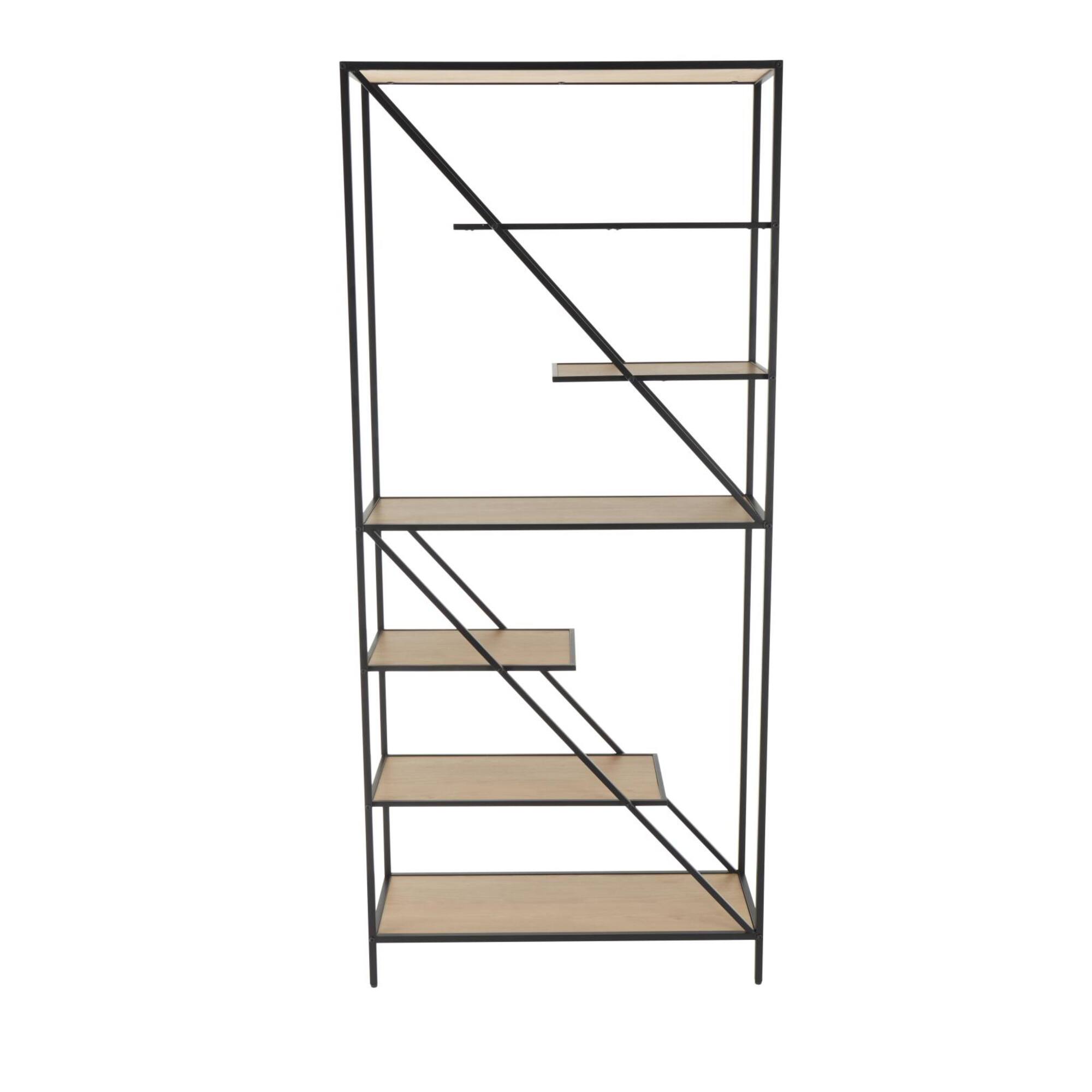 71" x 32" Brown Wooden Diagonal Angled 6 Shelf Storage Shelving Unit with Black Metal Frame